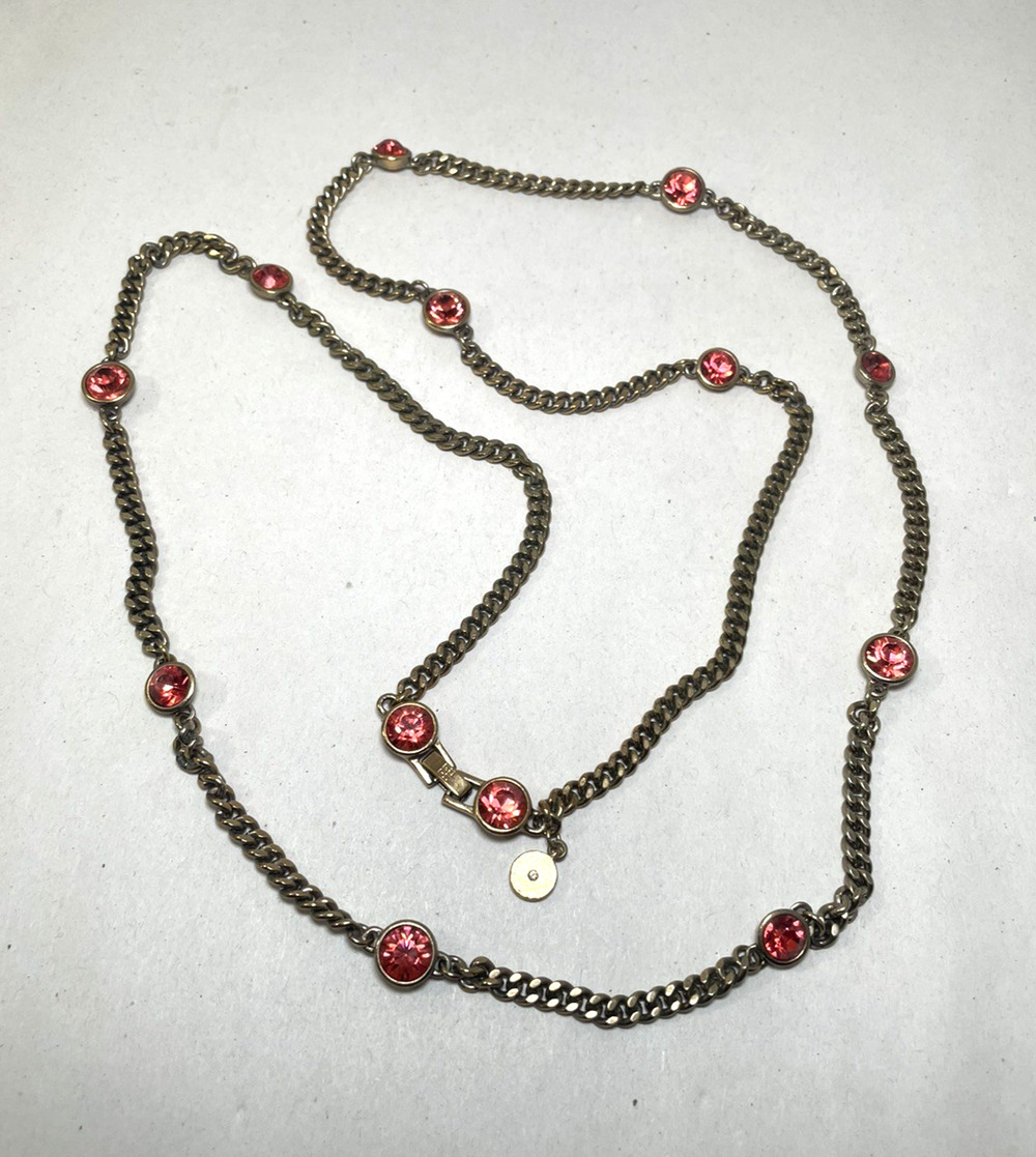 Vintage Signed Givenchy Gold Tone Pink Crystal Long Chain Necklace 38”